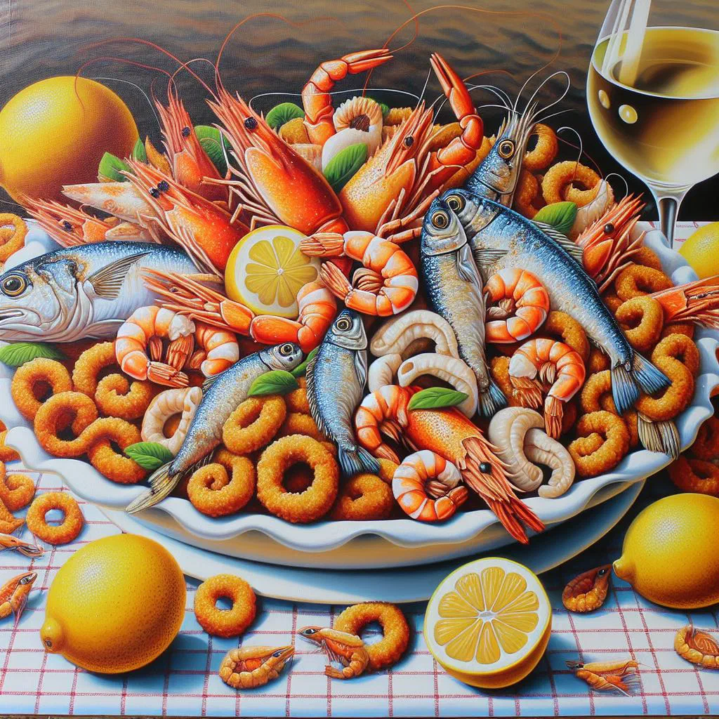 Golden deep-fried seafood platter with lemon wedges