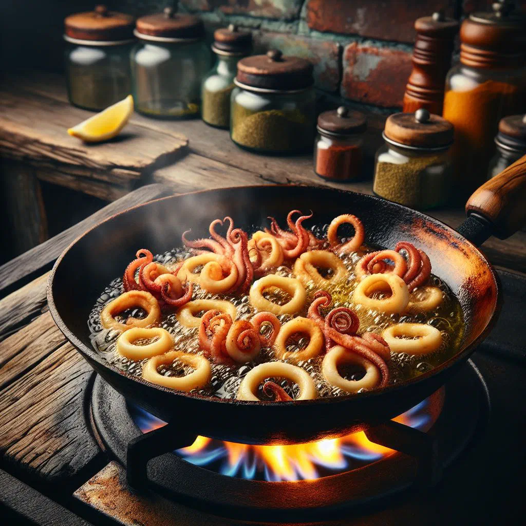 Golden fried squid rings served with lemon wedges and fresh parsley