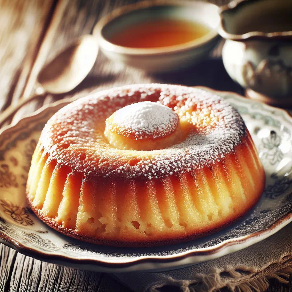 Golden baked gâteau de riz dusted with icing sugar and served with berries
