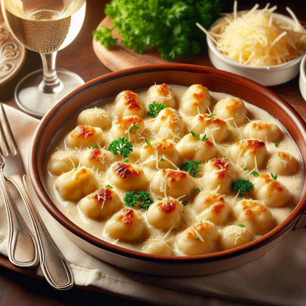 Golden gnocchi à la parisienne in a creamy sauce, topped with grated cheese and fresh herbs
