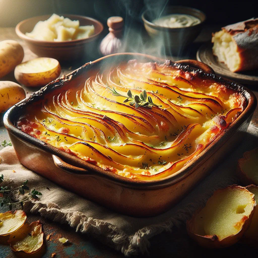Golden baked gratin dauphinois with layered potatoes in a dish