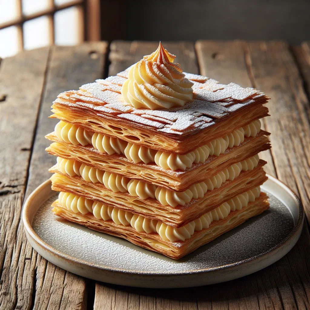 Slice of millefeuille with crisp puff pastry layers and vanilla custard
