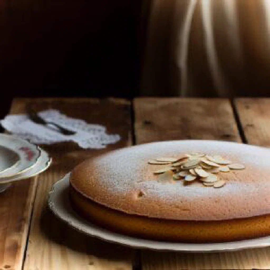 Golden almond cake dusted with icing sugar on a plate