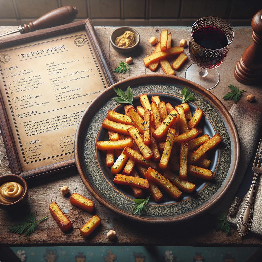 Golden fried panisse chickpea chips garnished with fresh herbs