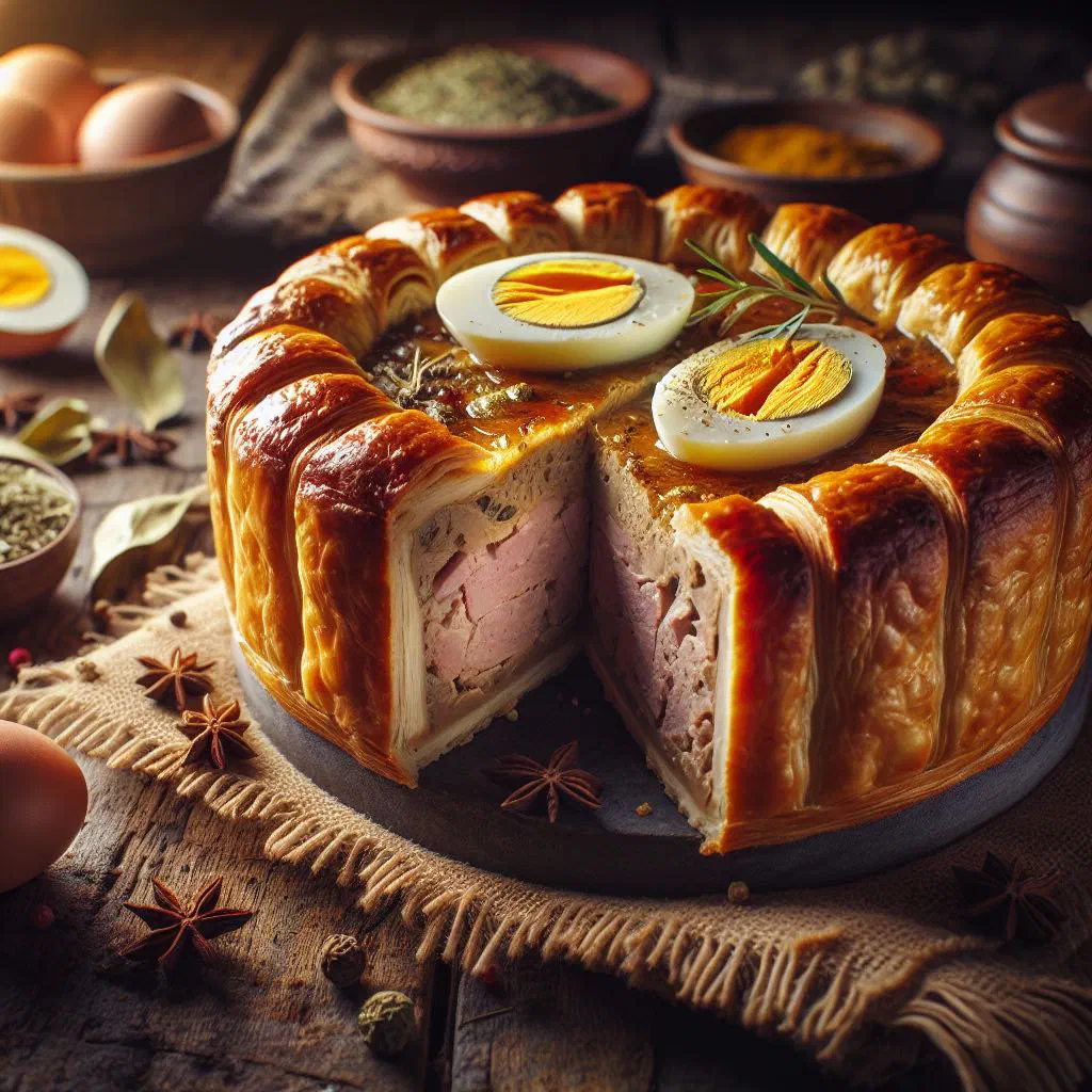 Sliced Easter meat pie with hard-boiled egg centre on a wooden board