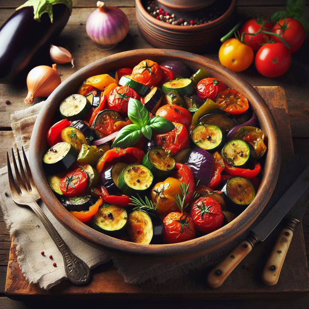 Colourful ratatouille of courgette, aubergine, peppers and tomatoes in a rustic bowl