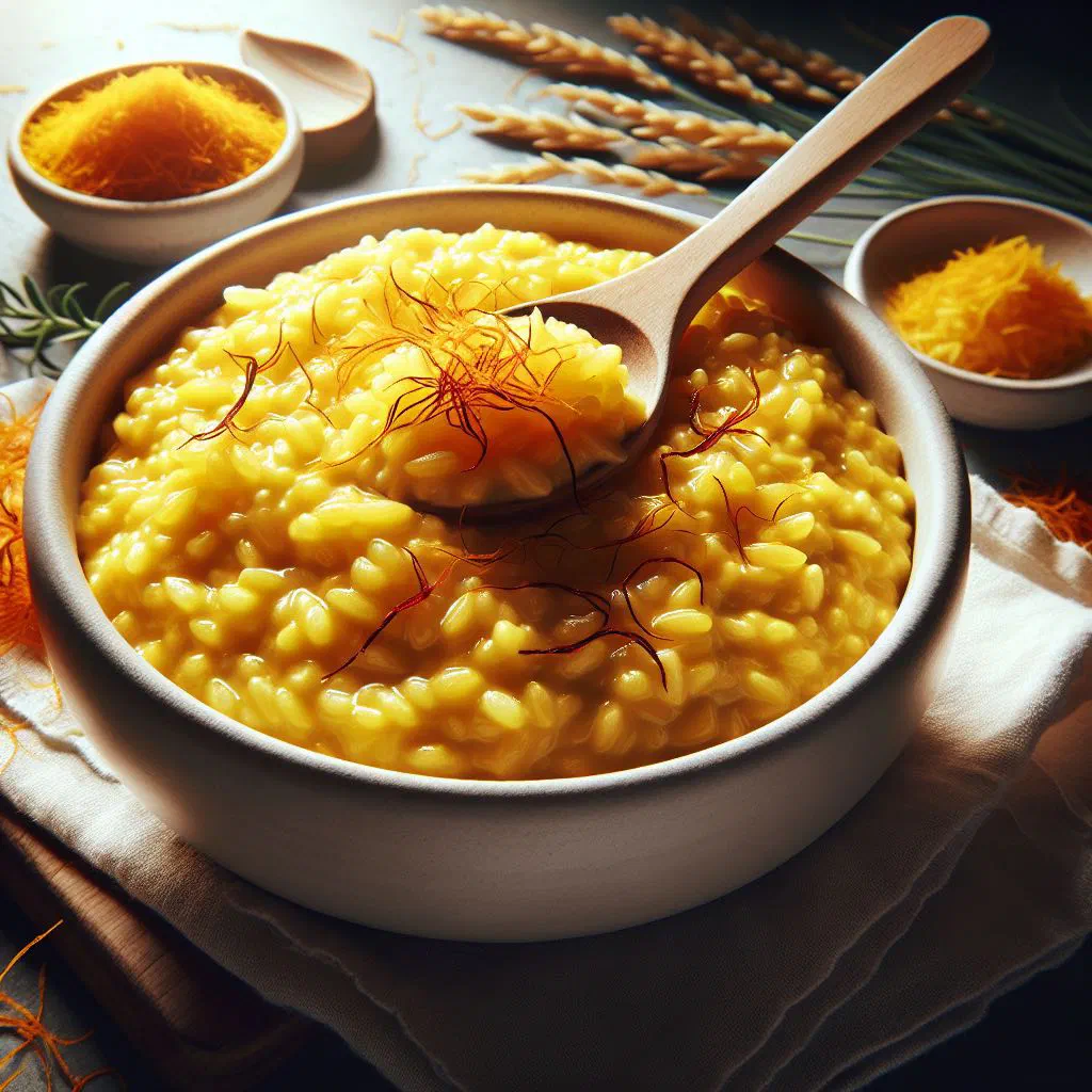 Creamy golden saffron risotto in a deep plate with grated parmesan