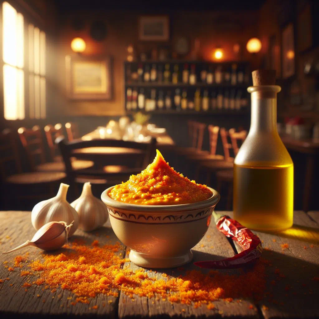 Bowl of Monegasque rouille seafood soup with saffron broth and baguette