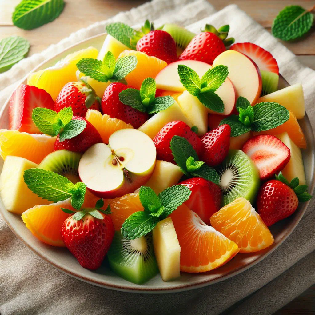 Colourful fresh fruit salad with mint leaves in a glass bowl