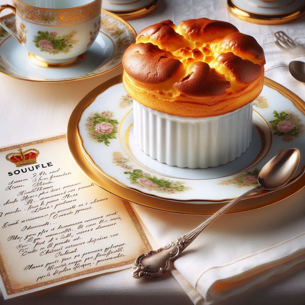 Golden risen soufflé in a ramekin, fresh from the oven