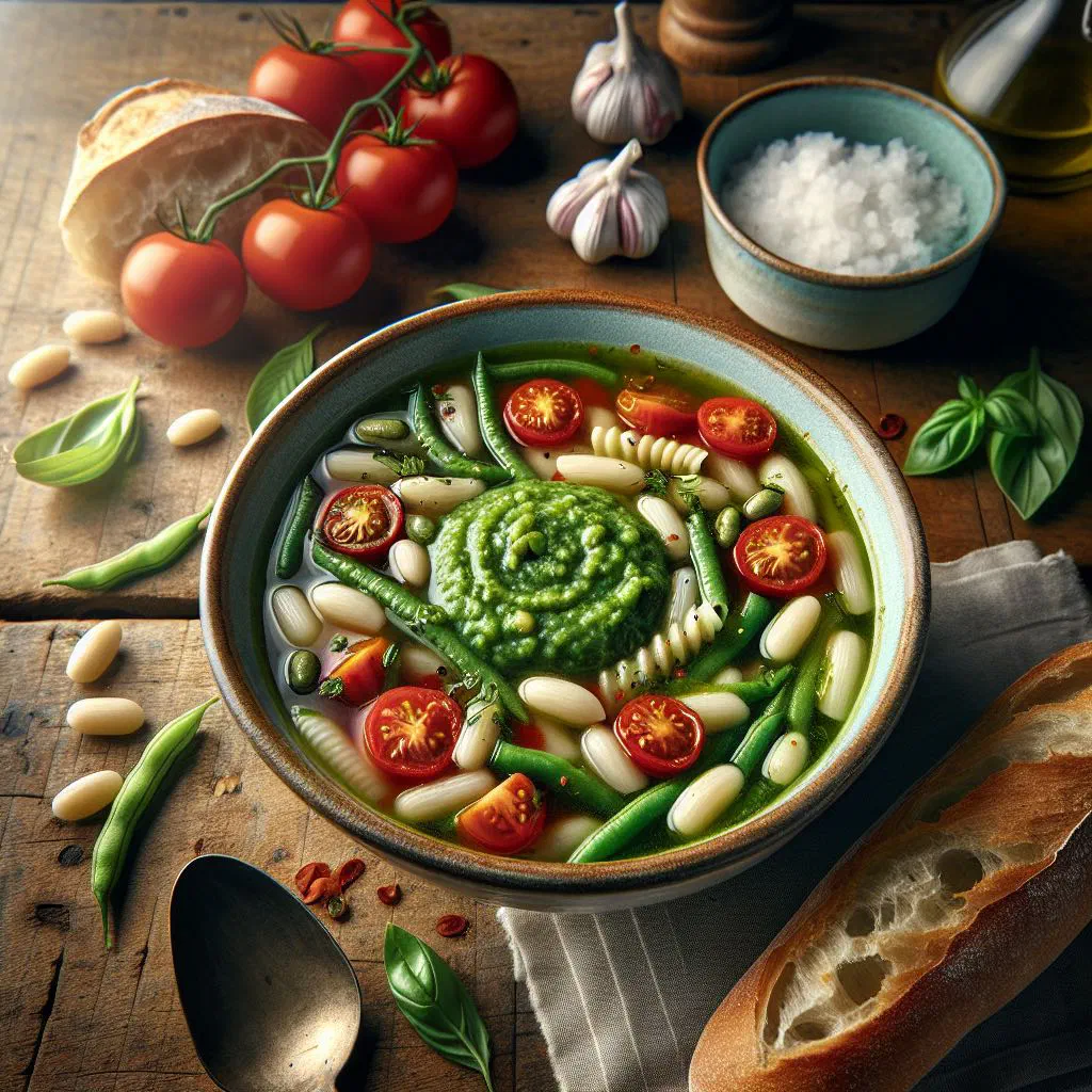 Bowl of soupe au pistou with vegetables and a spoonful of basil pistou