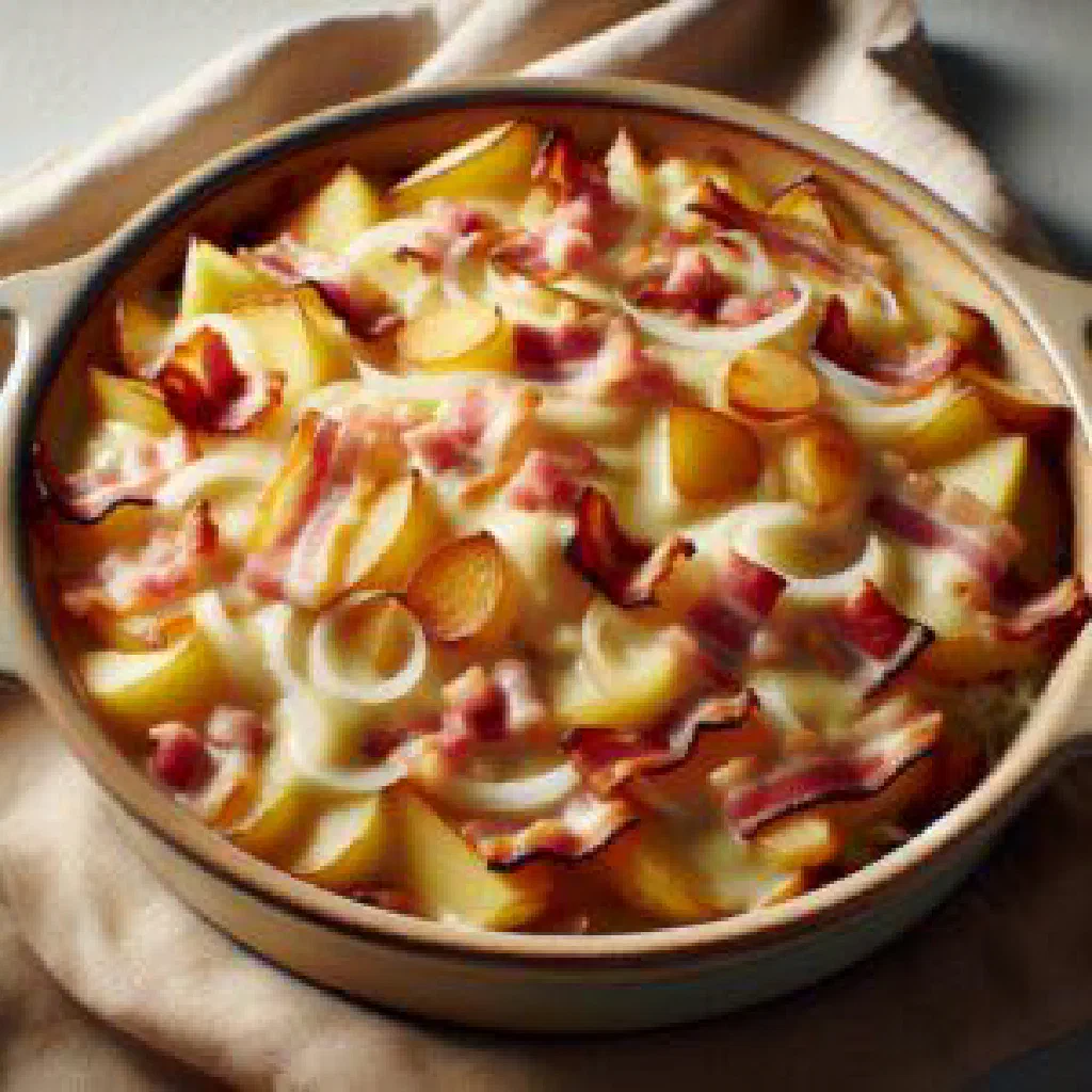 Golden baked tartiflette with melted Reblochon cheese and potatoes