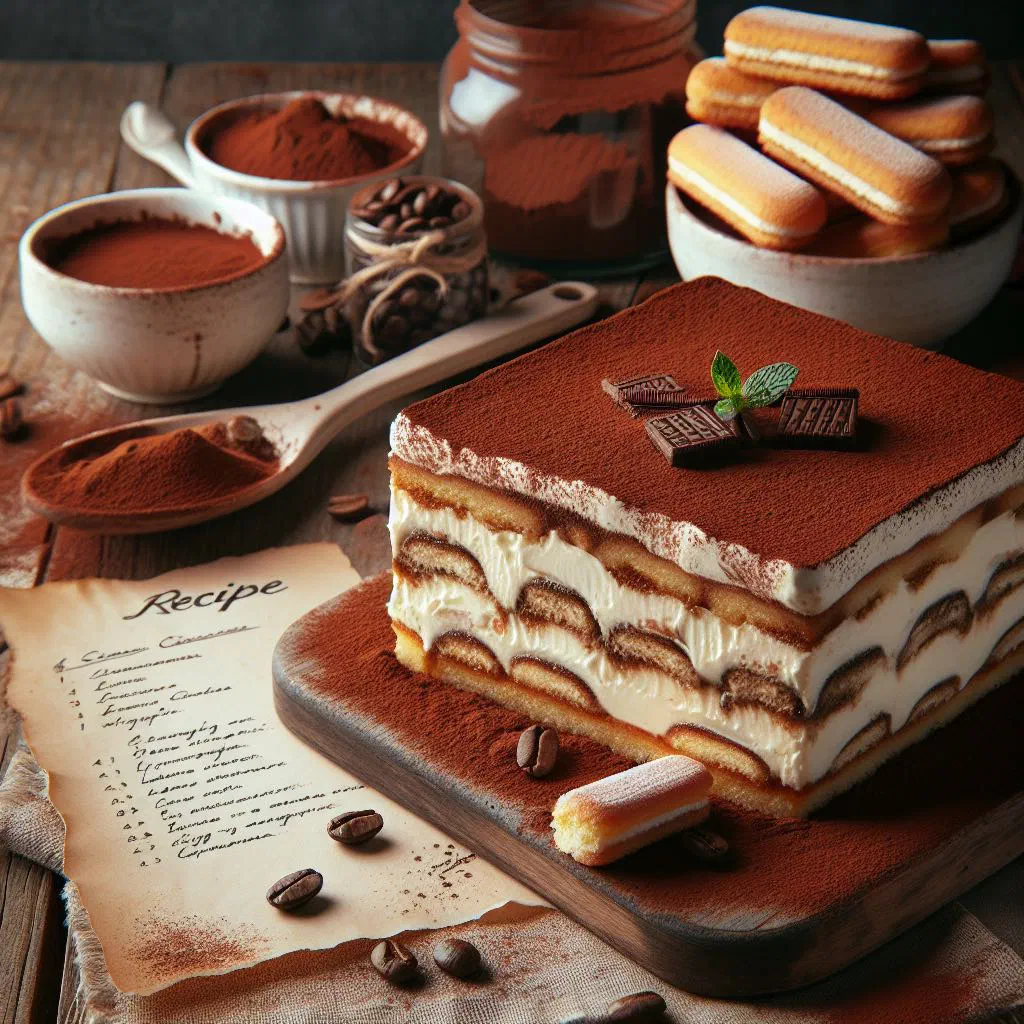 Layered tiramisu dusted with cocoa powder in a glass dish