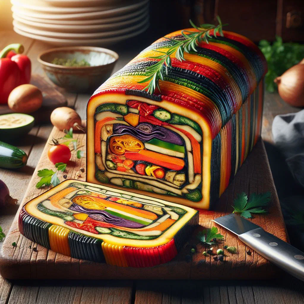 Sliced vegetable terrine with courgette, carrot and pepper layers on a plate