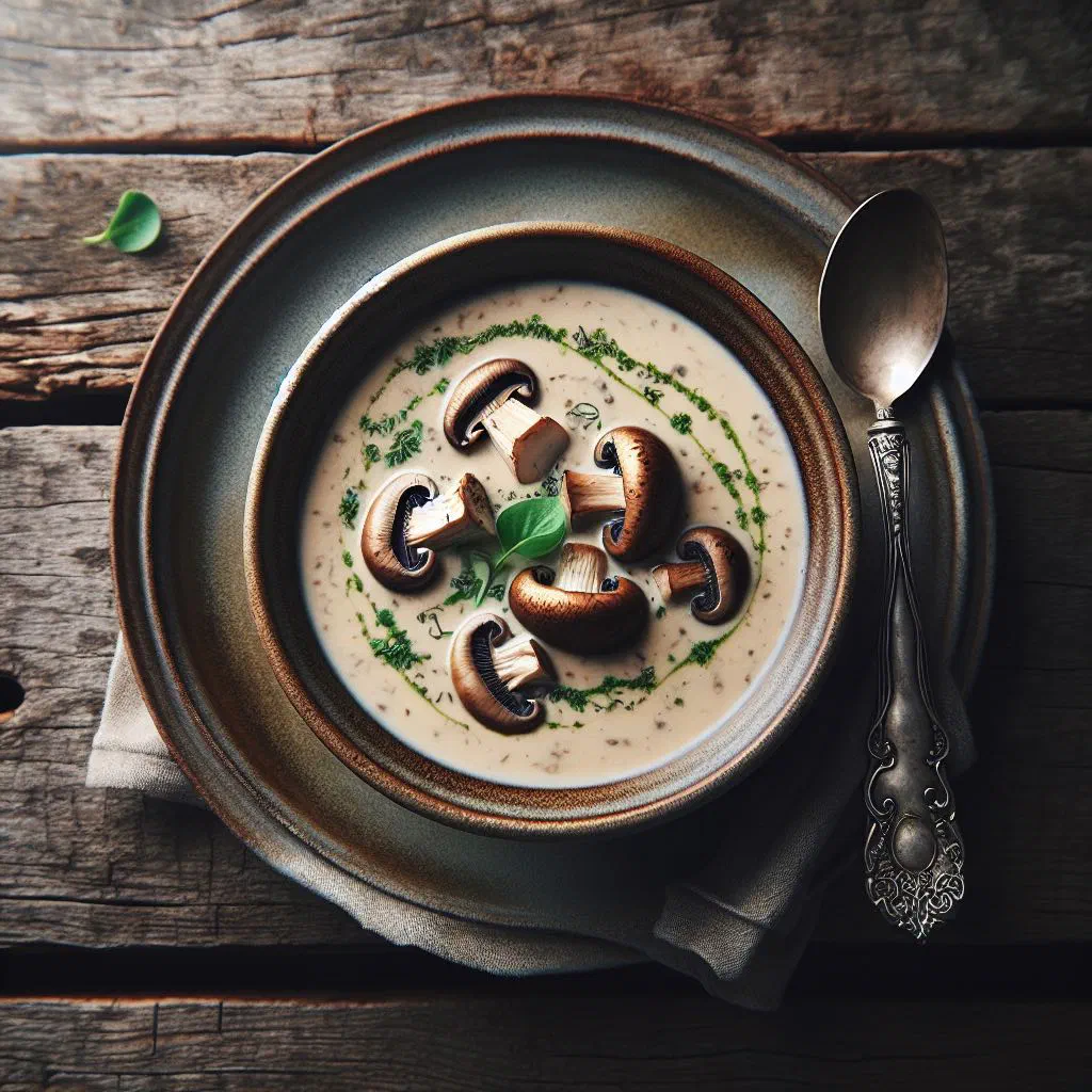 Creamy mushroom velouté in a deep bowl garnished with fresh parsley