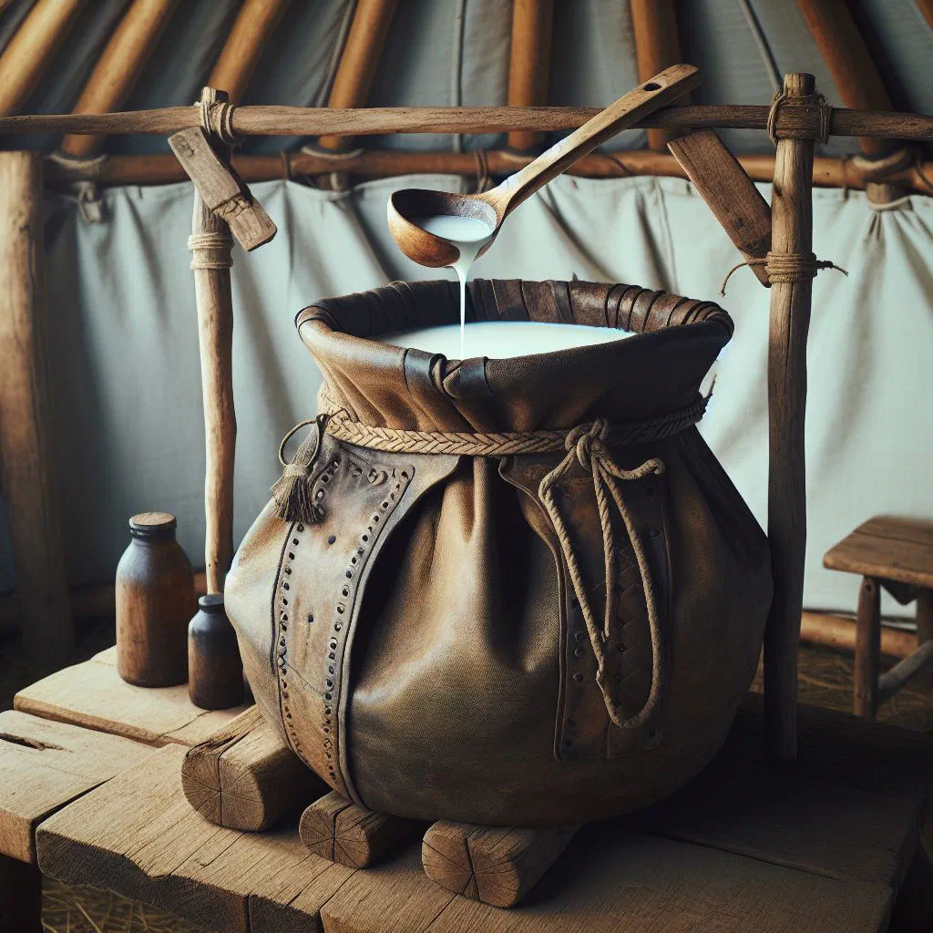 A bowl of cloudy fermented mare's milk airag served in a traditional Mongolian cup