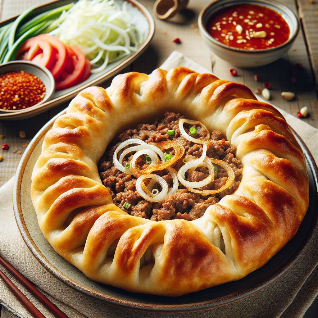 Golden fried Baatar Khuushuur meat pastries on a wooden board