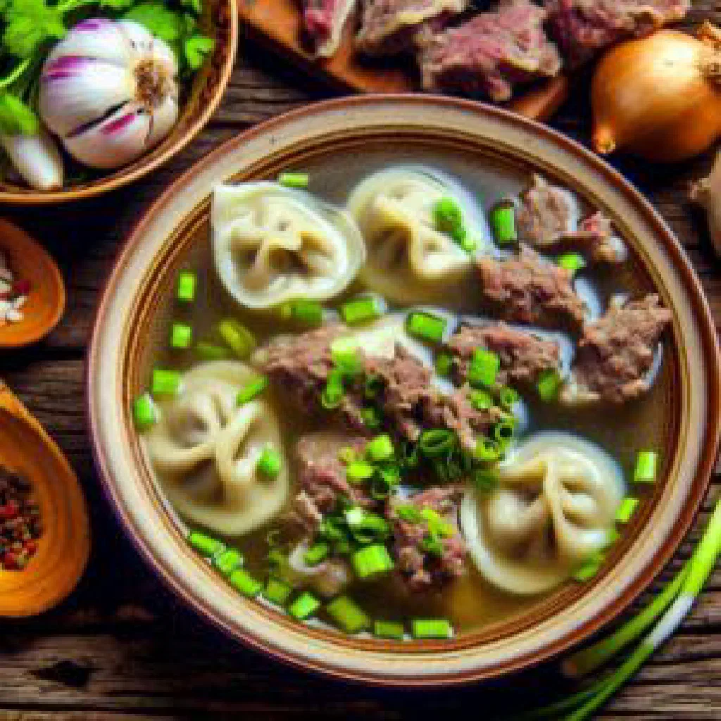 A rustic bowl of Mongolian Bantan beef and flour soup garnished with fresh herbs