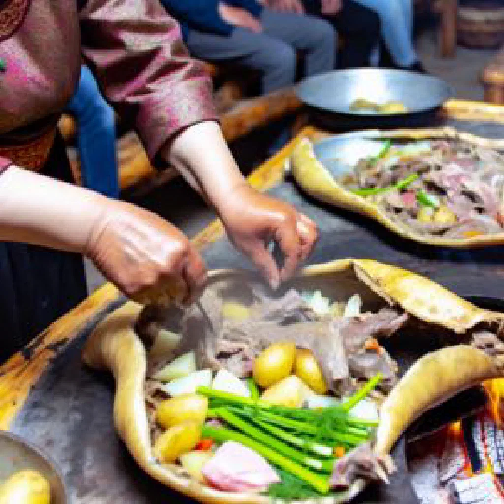 Roasted Mongolian boodog served on a rustic platter with fresh herbs