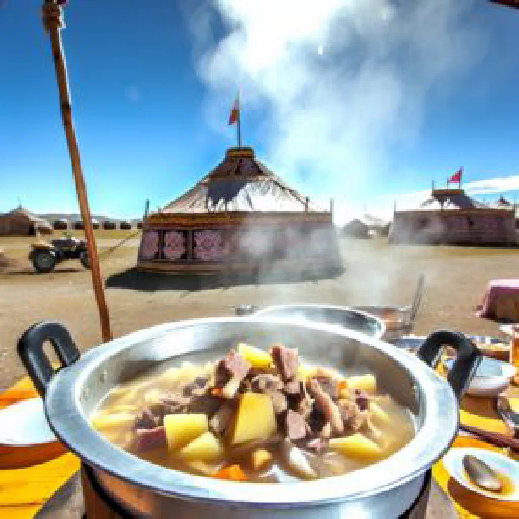 A rustic bowl of Khar Shol beef and vegetable soup garnished with fresh herbs