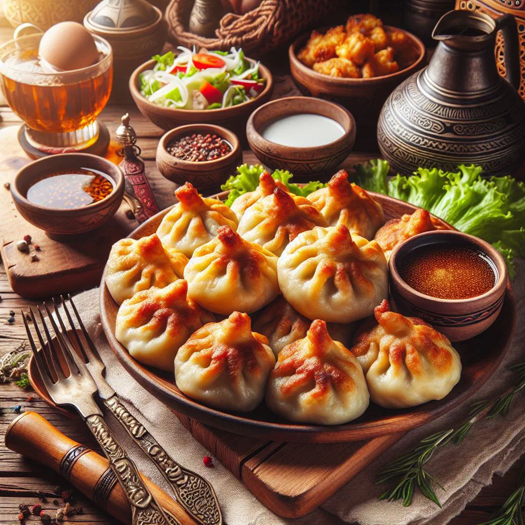 Golden fried Khuushu dumplings filled with spiced minced meat