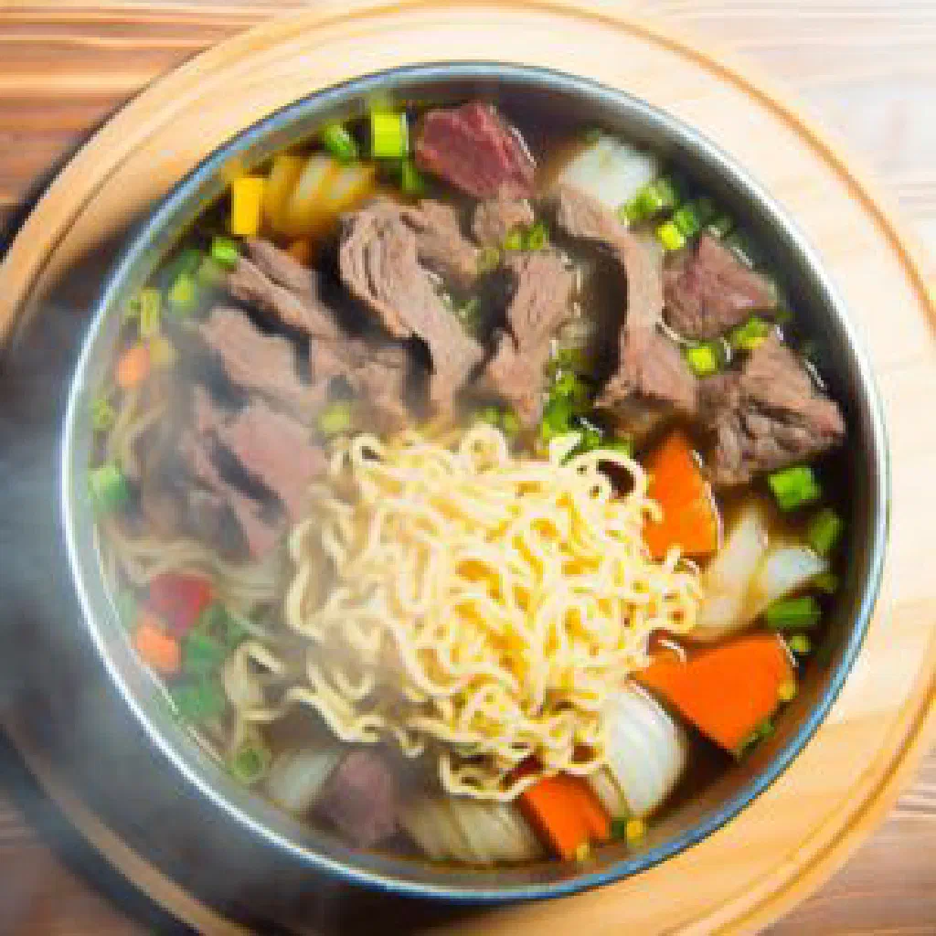 A steaming bowl of Makh Shul beef and vegetable soup garnished with fresh herbs