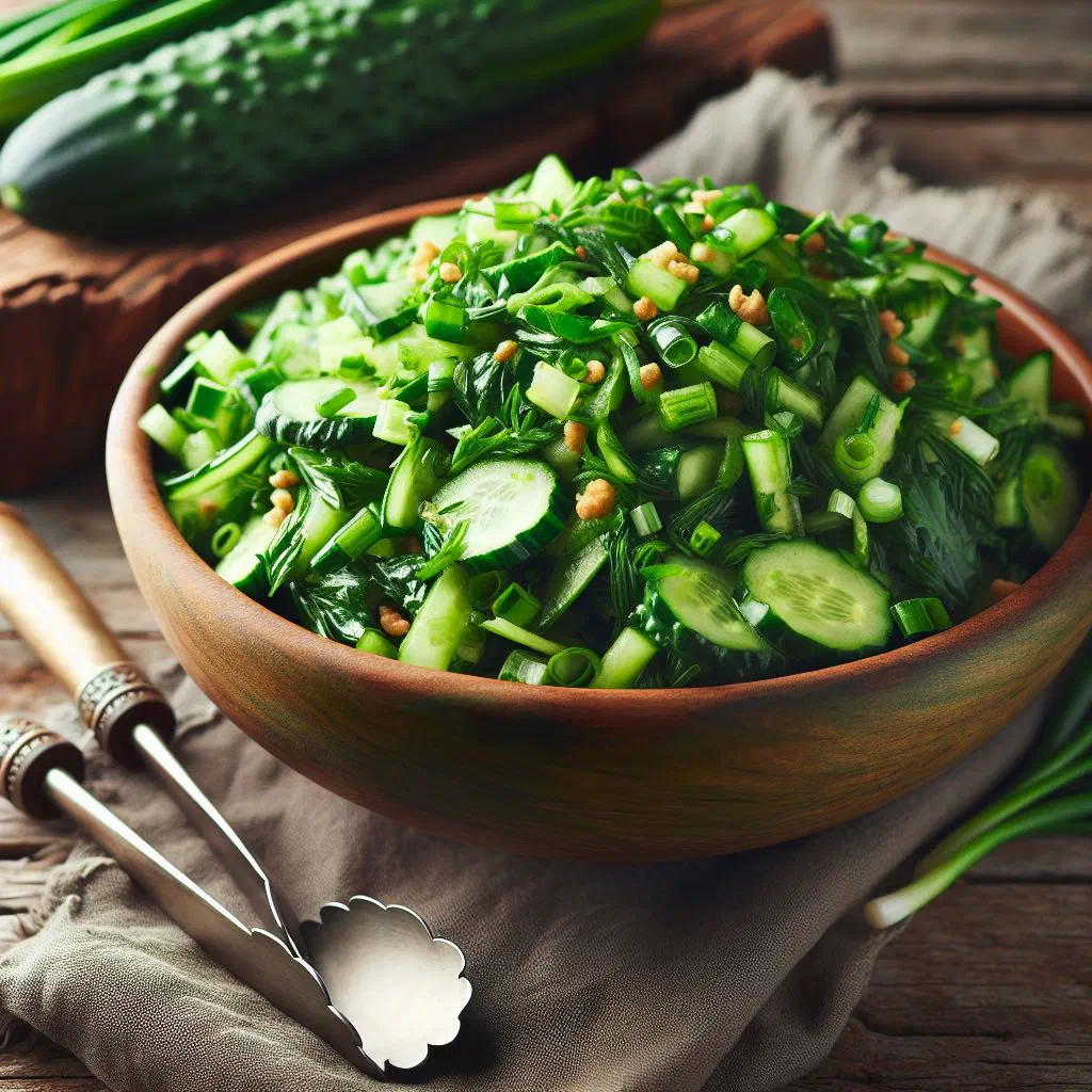 Fresh Mongolian green salad with tomato, cucumber and grated carrot