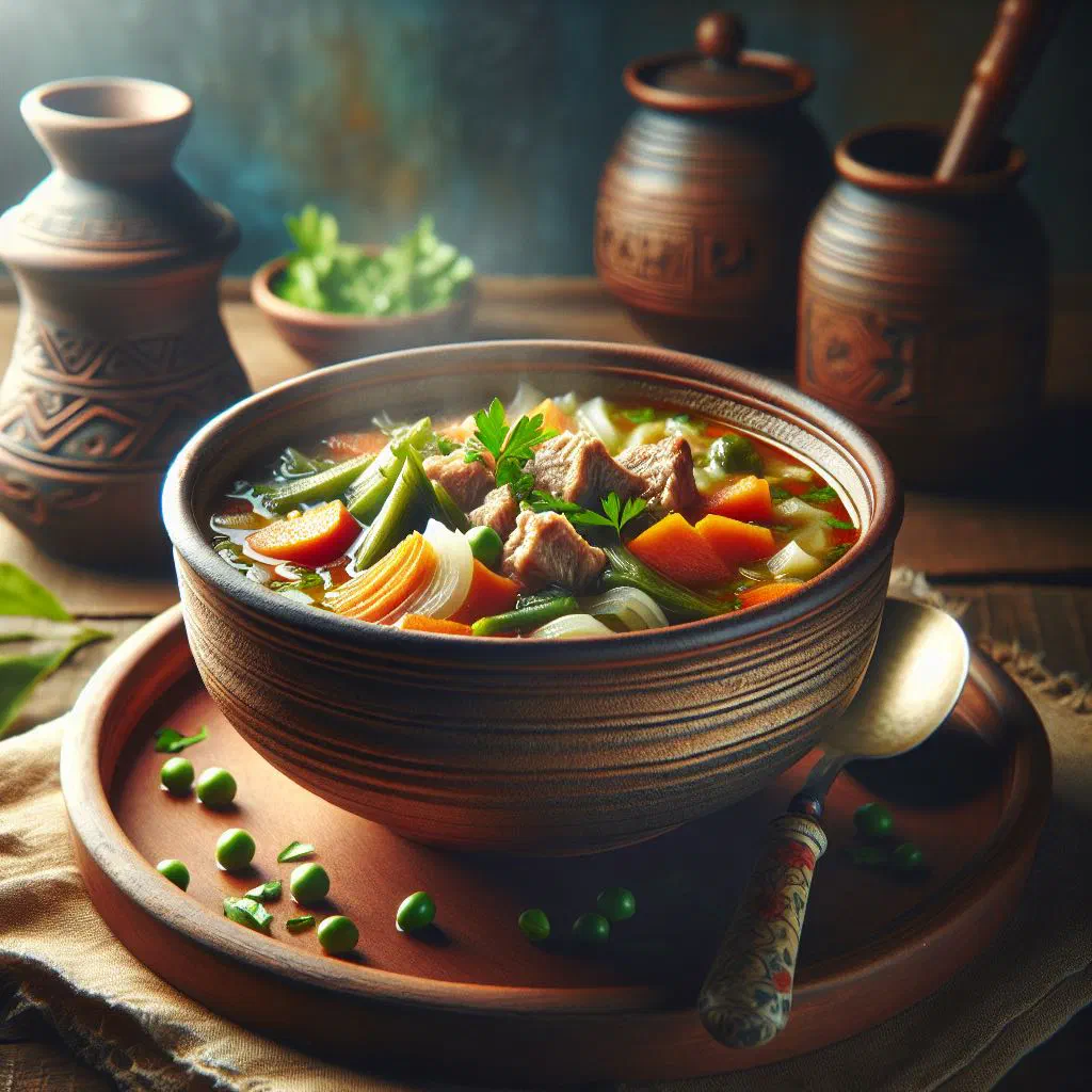 Bowl of Mongolian shorva soup with tender meat, carrots and potatoes