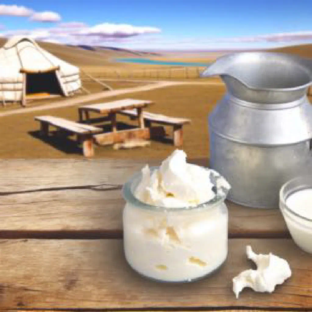Bowl of thick Mongolian urum clotted cream served with bread