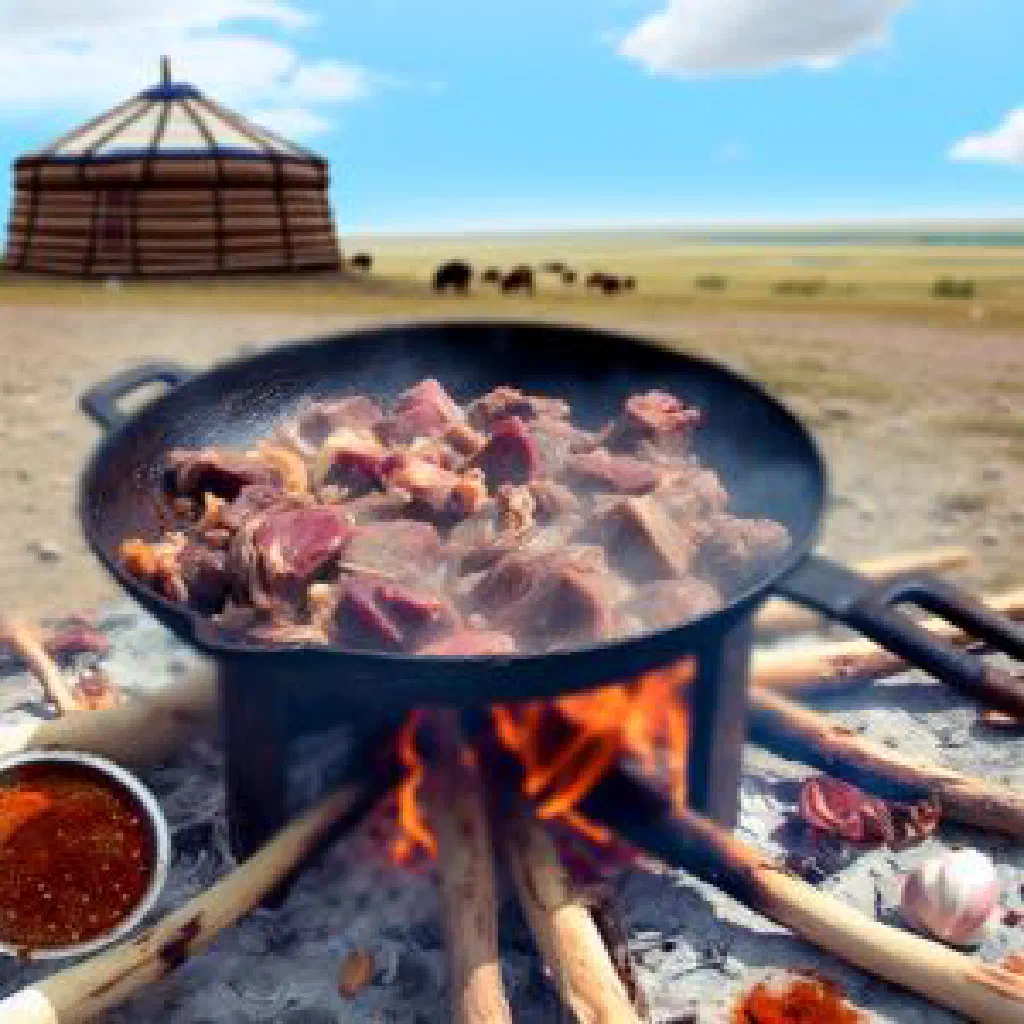 Slow-cooked Mongolian uuts lamb garnished with fresh herbs