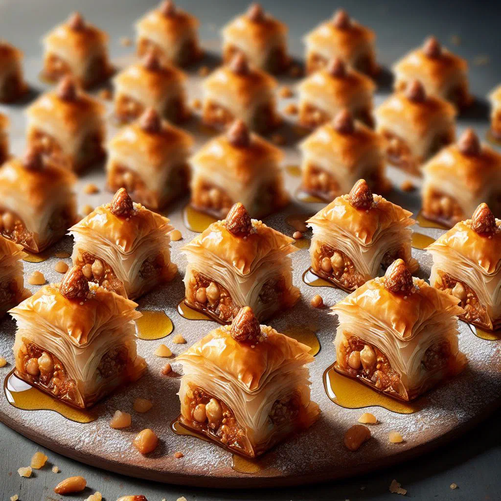 Diamond-cut baklava with honey syrup and chopped walnuts