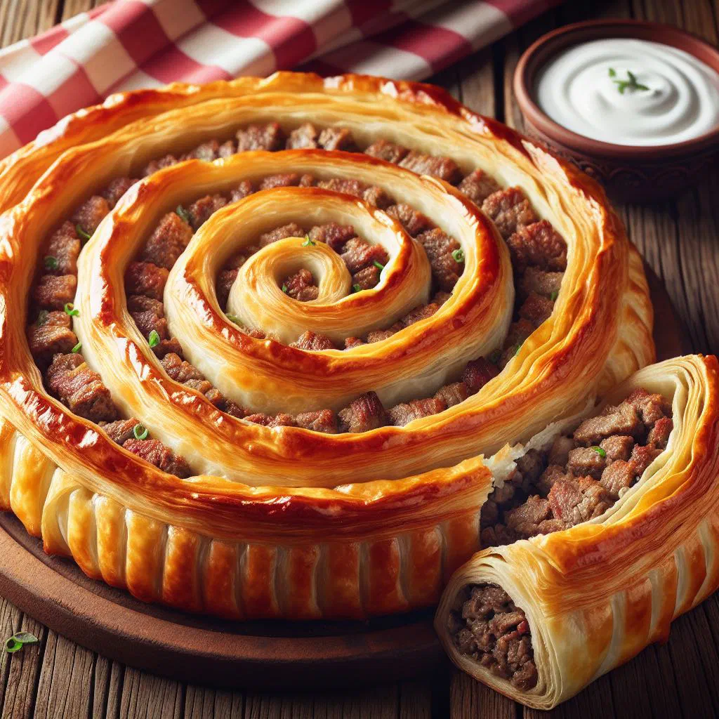 Golden baked meat burek cut into portions on a wooden board