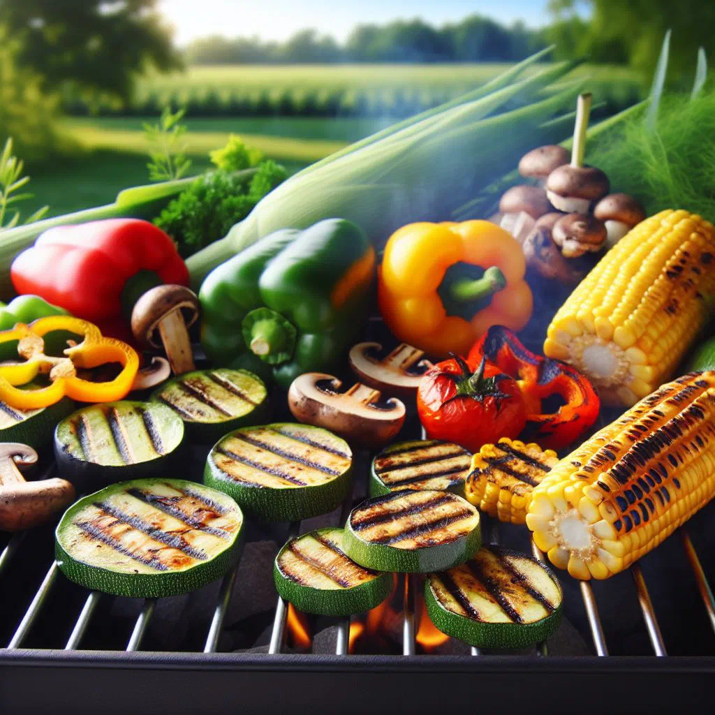 Grilled marinated meat and charred vegetables on a wooden serving board