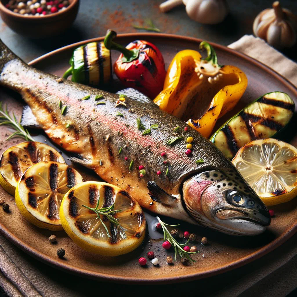 Whole grilled trout with lemon slices and fresh herbs