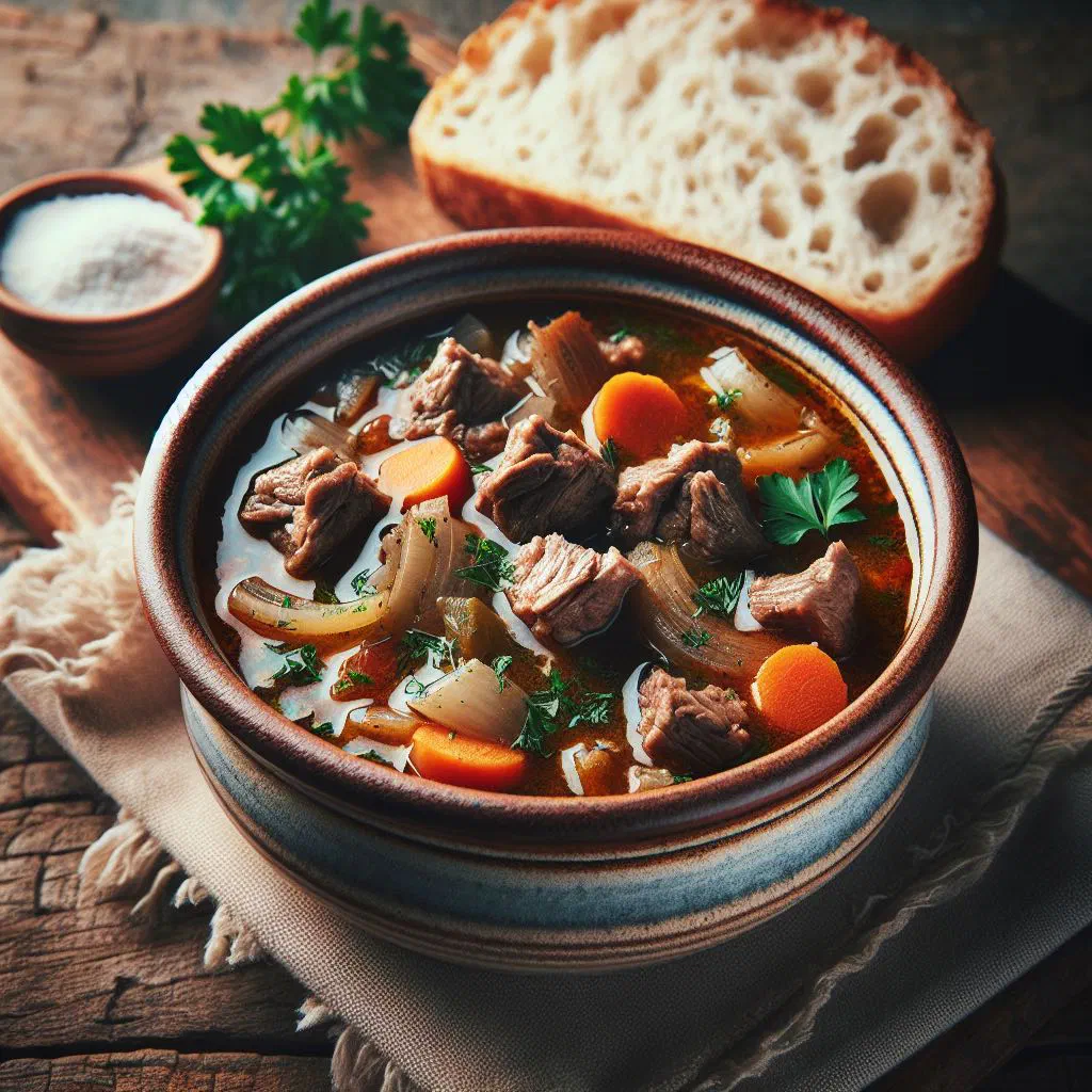 Bowl of Montenegrin lamb soup with vegetables and fresh herbs