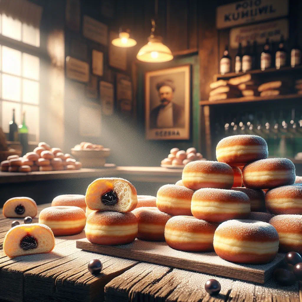 Golden filled krafne doughnuts dusted with icing sugar