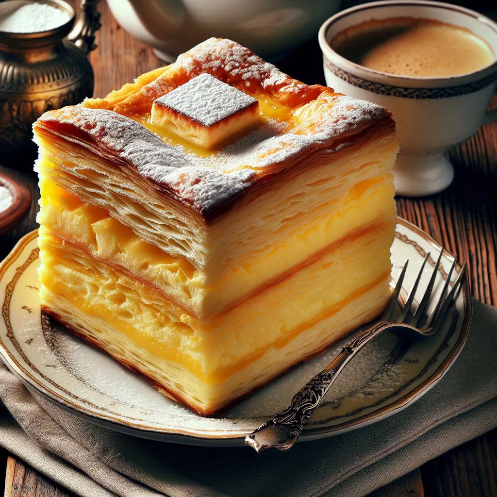 Slice of krempita with thick vanilla custard between layers of golden puff pastry
