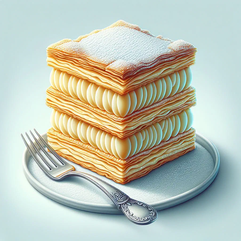 Krempite cream slices with vanilla custard between puff pastry layers, dusted with icing sugar