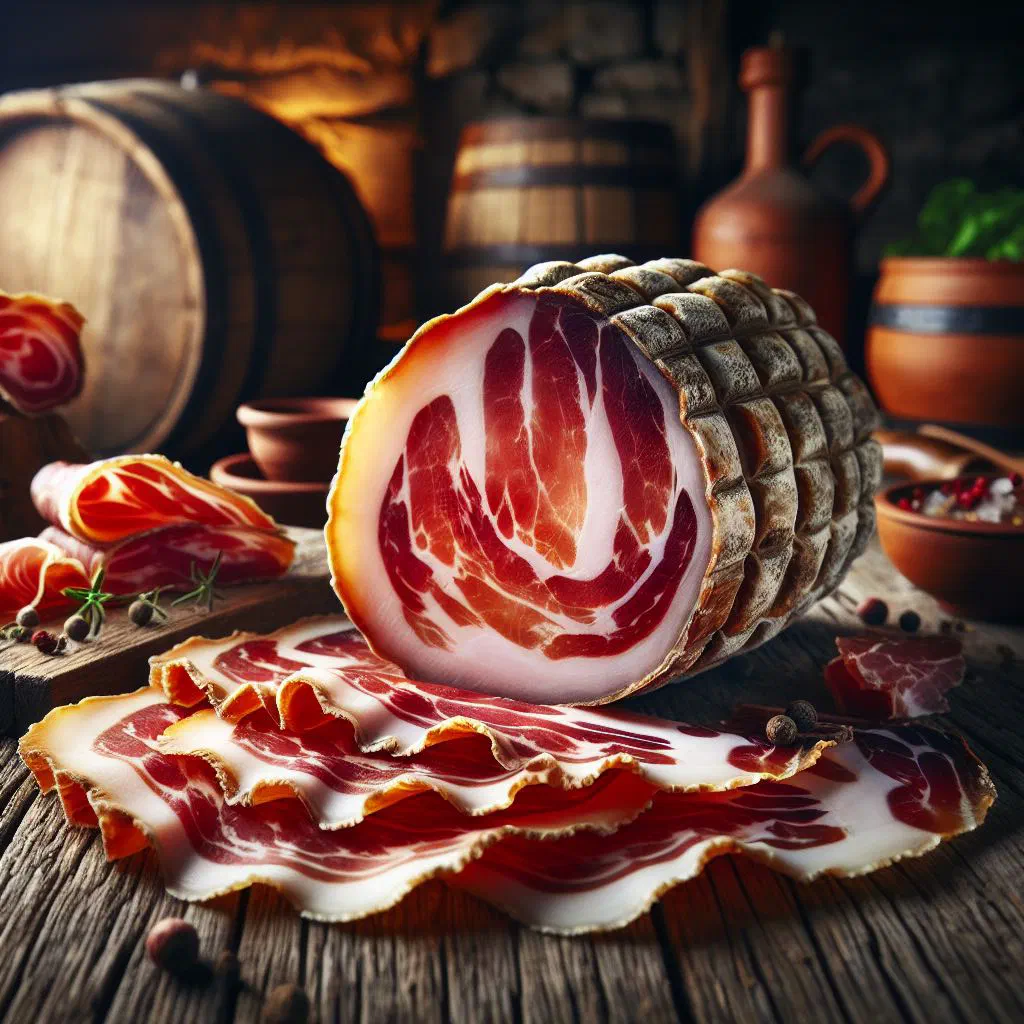 Thin slices of Lovcenski prsut arranged with mozzarella and rocket