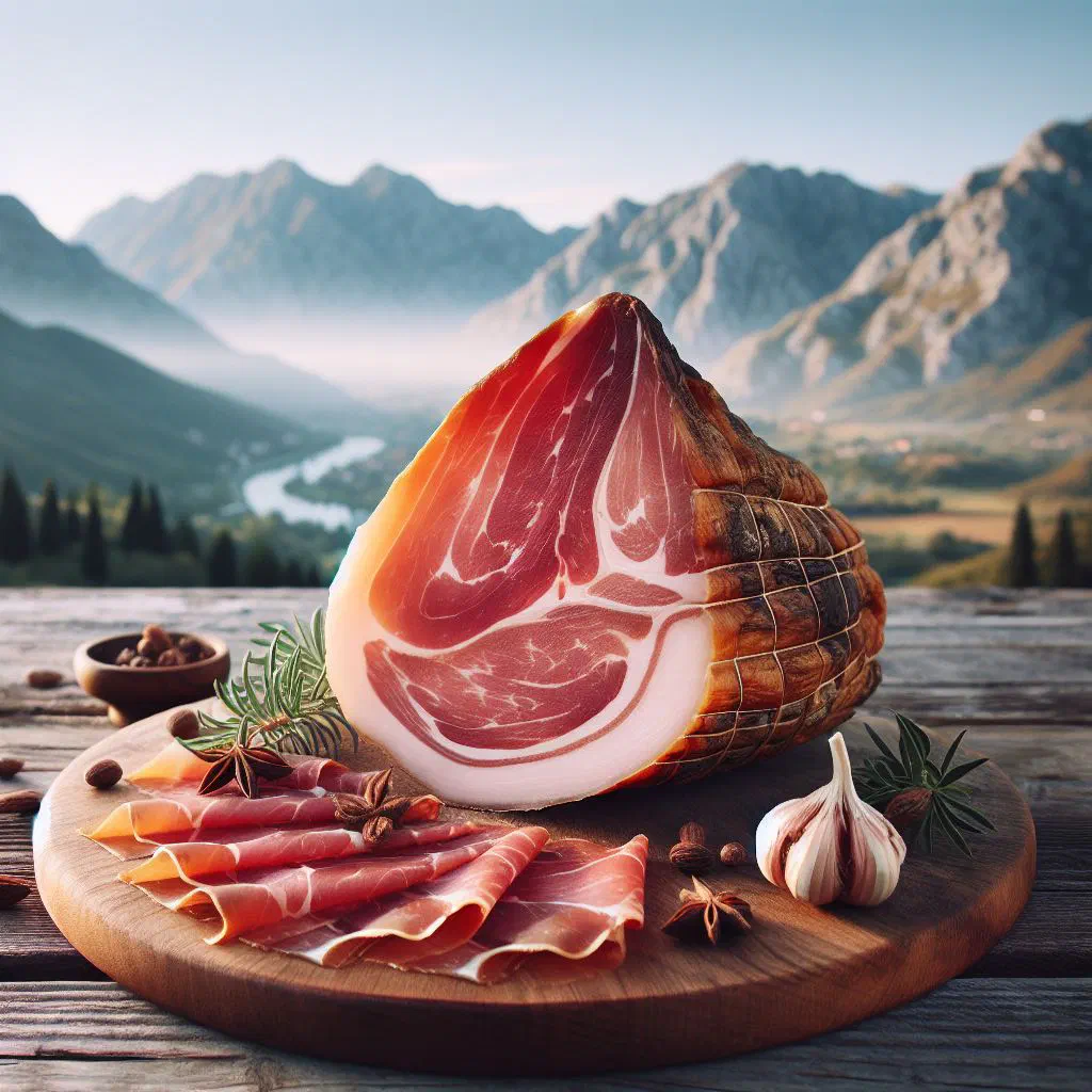 Thin slices of Njeguški pršut on a wooden board with cheese, olives and figs