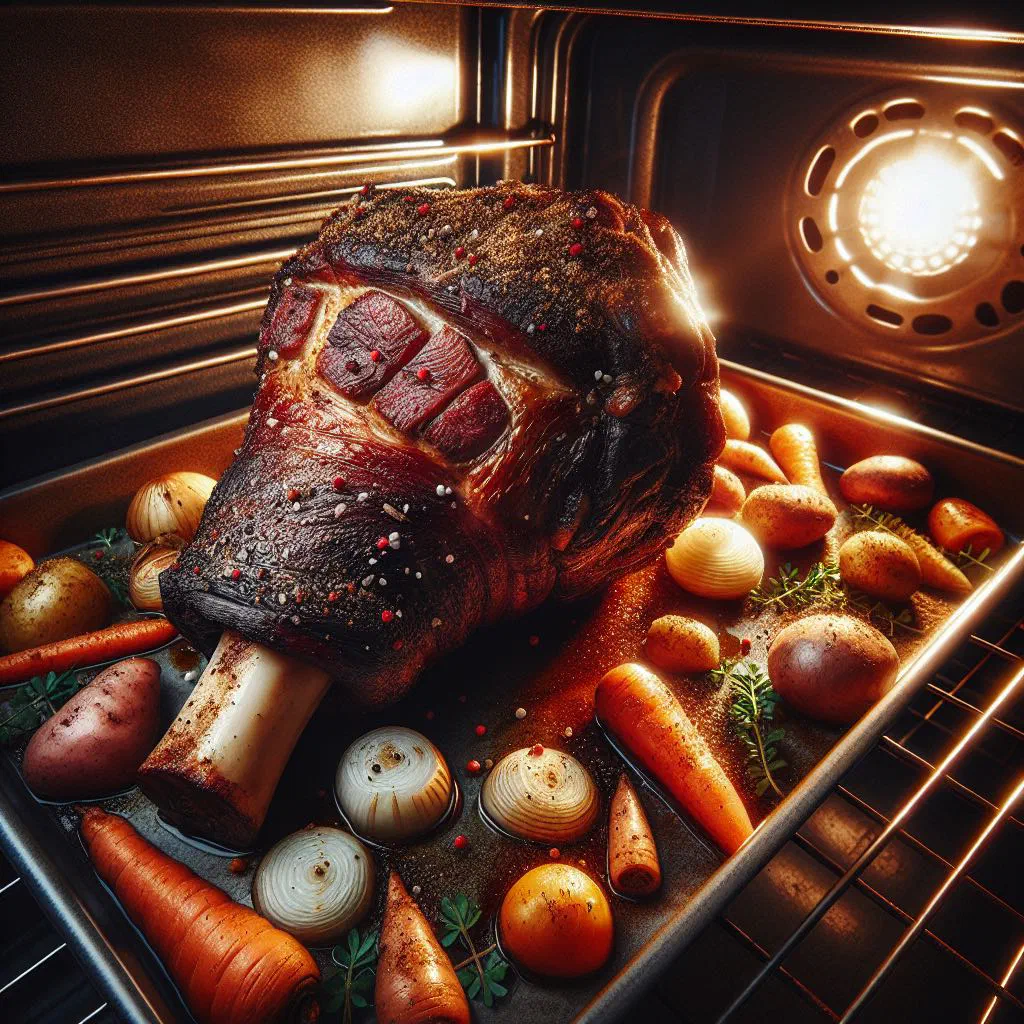 Slow-roasted pork knuckle with onions and fresh herbs in a baking dish