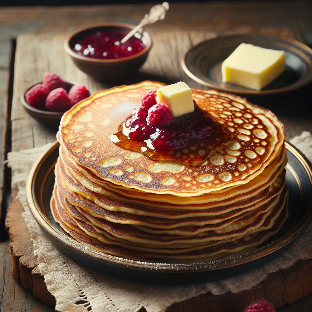 Rolled Montenegrin palacinke pancakes dusted with icing sugar and berries