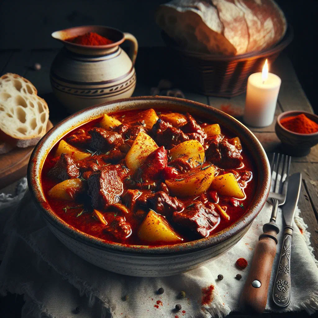 Rich Montenegrin paprikaš stew with tender meat and peppers in a rustic bowl