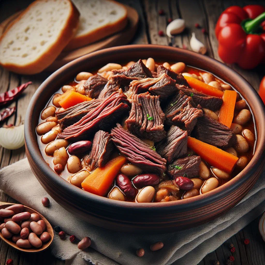 Rustic bowl of Montenegrin bean stew with pieces of cured meat
