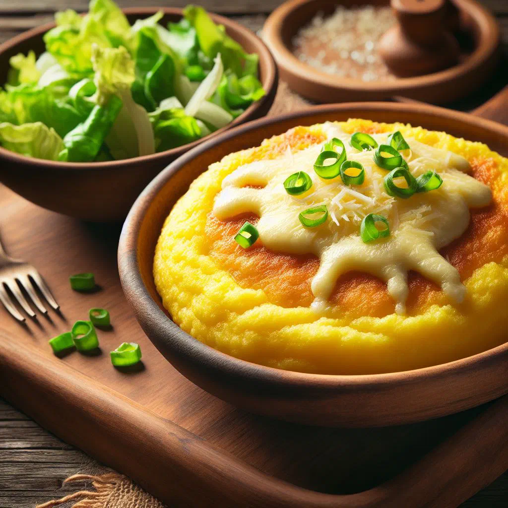 Creamy polenta with melted cheese served in a rustic bowl