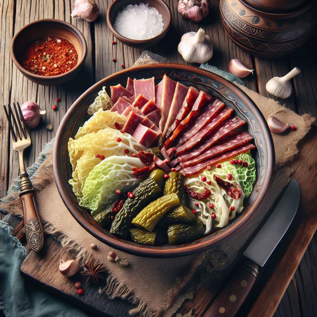 Braised collard greens with pieces of cured dried meat in a rustic bowl
