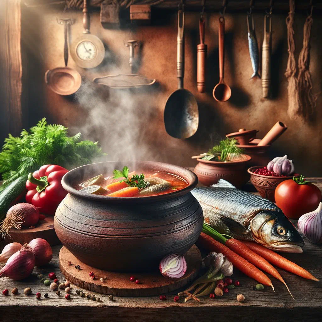 Bowl of Montenegrin fish soup with vegetables and fresh parsley
