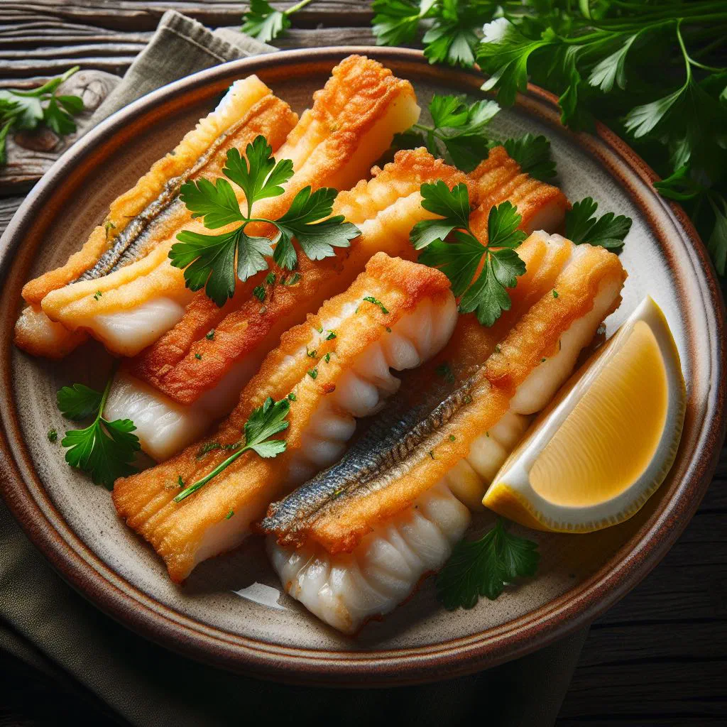 Grilled fish fillets with lemon slices and fresh herbs on a plate