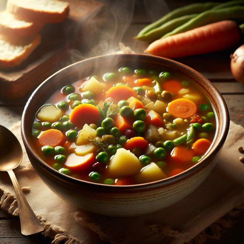 Bowl of Montenegrin vegetable soup with carrots, potatoes and fresh herbs