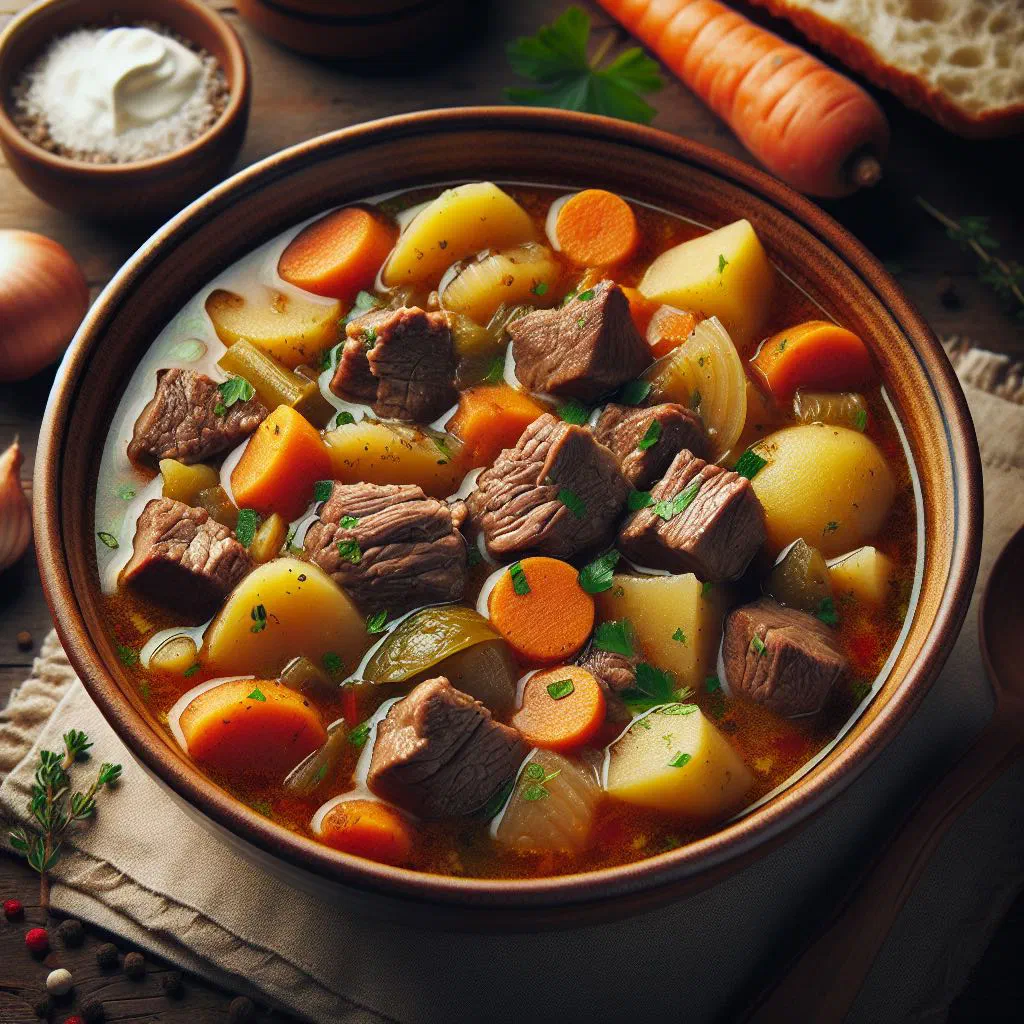 Bowl of Montenegrin veal soup with vegetables and fresh parsley